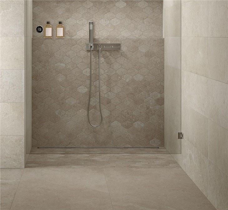 Beige limestone bathroom